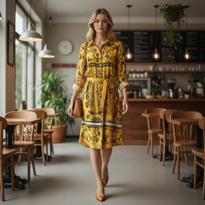 Zara Woman Mustard Yellow Floral Paisley Button Down Shirt Dress Belted XS